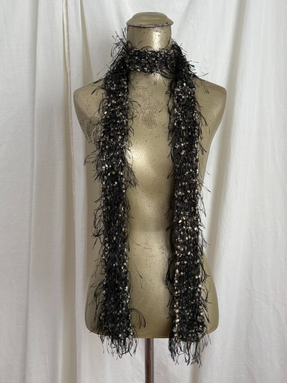 Y2K Black Tan Eyelash Fuzzy Skinny Scarf Whimsy Goth 2000s Accessory Boho Fairy
